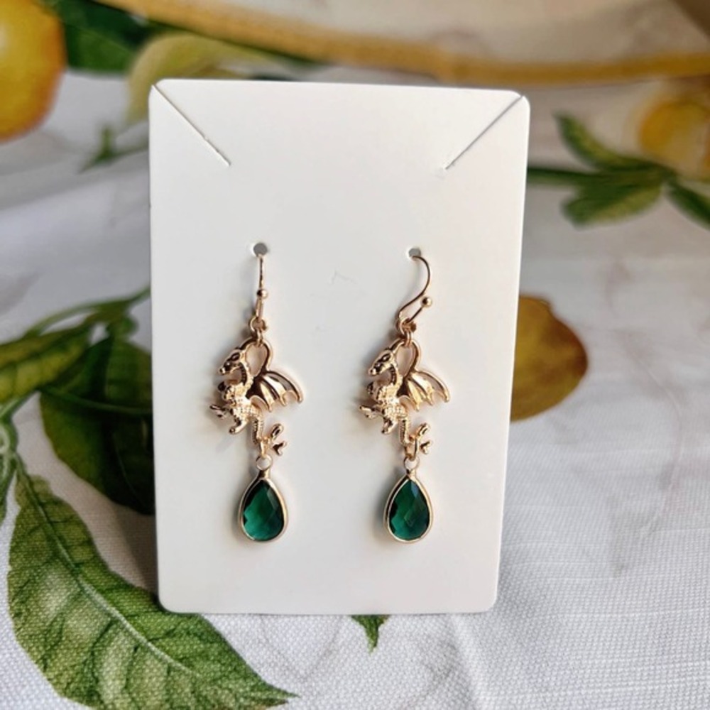 Emerald Dragon Earrings, Victorian Historical Whimsical Fun Gift Earrings